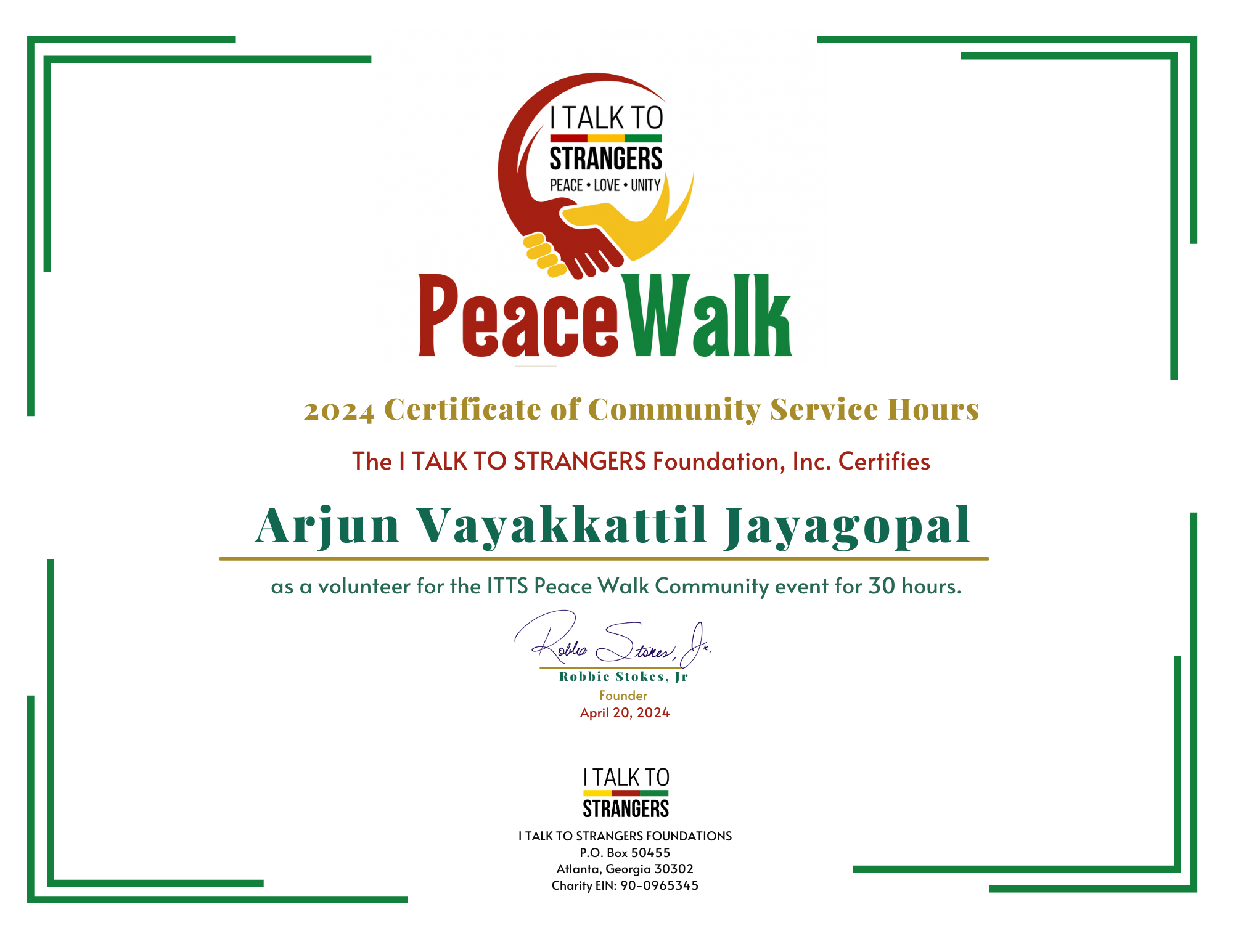 ITTS Certificate of Community Service HoursArjun Vayakkattil Jayagopal